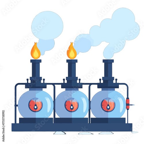 Industrial Illustration of Three Connected Blue Distillation Towers with Orange Flames and Gray Smoke on White