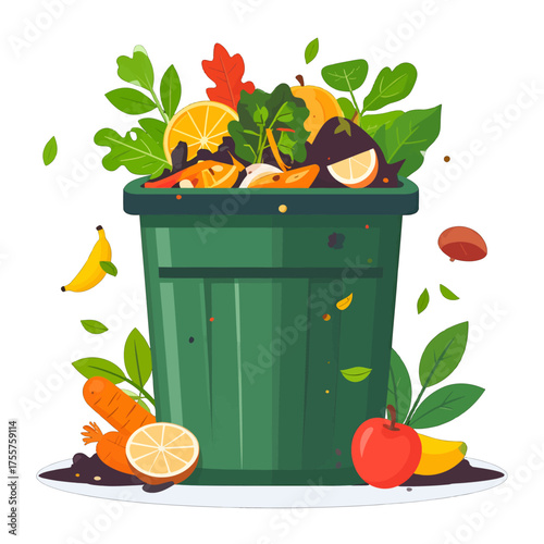 Green Compost Bin Overflowing with Colorful Food Scraps and Leaves on White Background