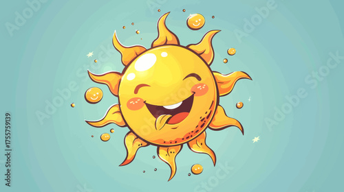 Cheerful cartoon sun with tongue out, surrounded by smaller suns, on a blue sky