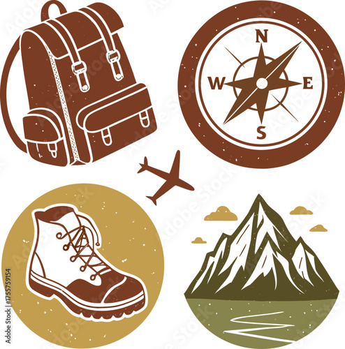 A collection of vintage-style travel icons including a backpack, compass, hiking boot, airplane, and mountain landscape.