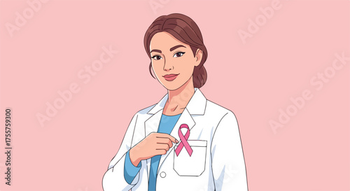 Empathetic doctor wears breast cancer awareness ribbon supporting patients with compassion & hope against pink backdrop for medical campaigns