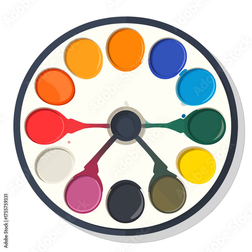 Flat Lay Watercolor Palette With Twelve Vivid Colors On Off White Background For Artistic Expression And Educational Purposes