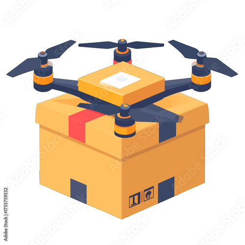 Isometric View of Yellow Drone Delivering Cardboard Box with Red Ribbon, High Angle Drone Shot
