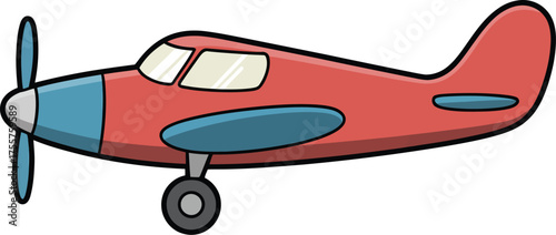 Cartoon airplane with propeller and wheels, red and blue colors.