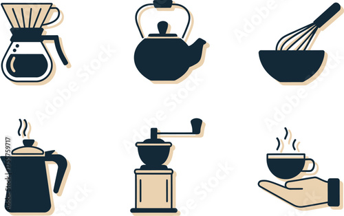 Set of coffee making equipment vector icons for cafe menu.