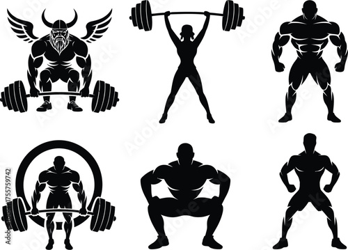 Silhouette Collection of Bodybuilders and Weightlifters in Various Poses.