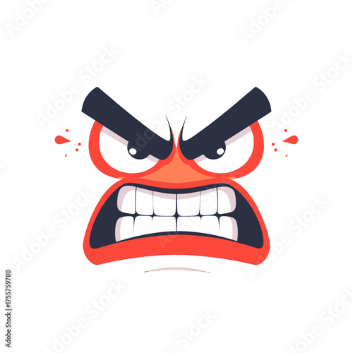 Cartoon Angry Face with Squinted Eyes and Furrowed Brows on White Background