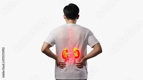 Man holding his lower back with a digital illustration of kidneys and spine highlighted, symbolizing kidney pain, urinary health, medical diagnosis, human anatomy in healthcare and treatment context