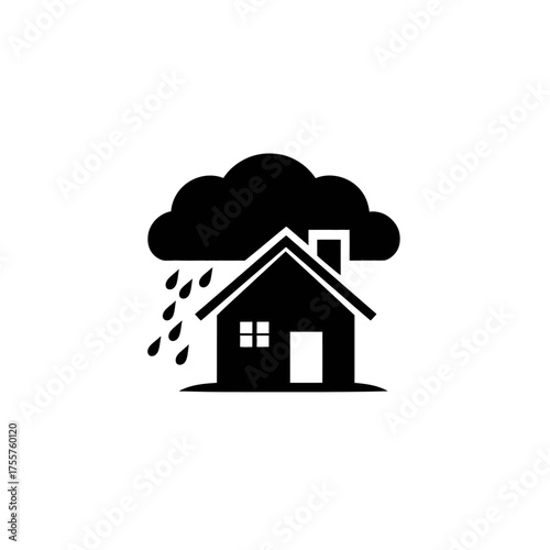 Black icon of a house with rain falling from a cloud above