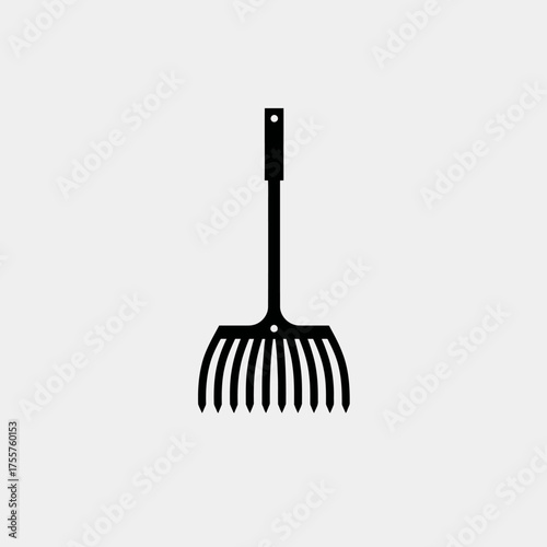 Simple black silhouette of a garden rake with a long handle and many tines