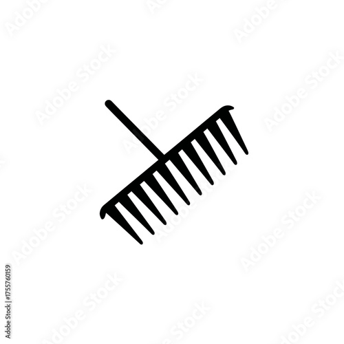 Black silhouette of a garden rake on a white background