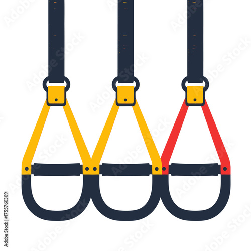 Three Dark Blue Suspension Training Straps with Yellow and Red Accents on White Background