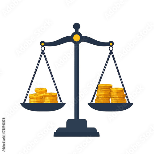 Stylized Vector Illustration of Golden Coins on a Balancing Scale on White Background