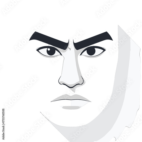Stern Visage Graphic with Sharp Features in Black and White Illustration