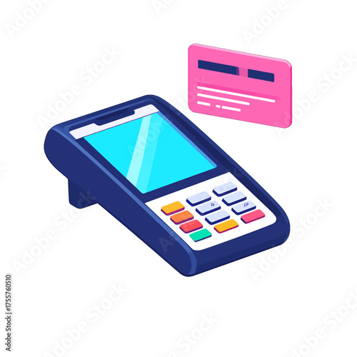 Isometric Payment Terminal with Pink Card Isolated on White Background for Transactions and Electronic Funds Transfer System