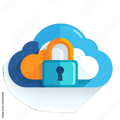 Stylized Cloud Graphic with Security Padlock in Blue and Orange Hues on White Background
