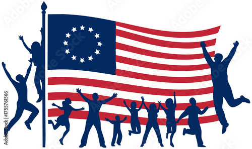 Betsy Ross Flag with Celebrating Silhouettes of People