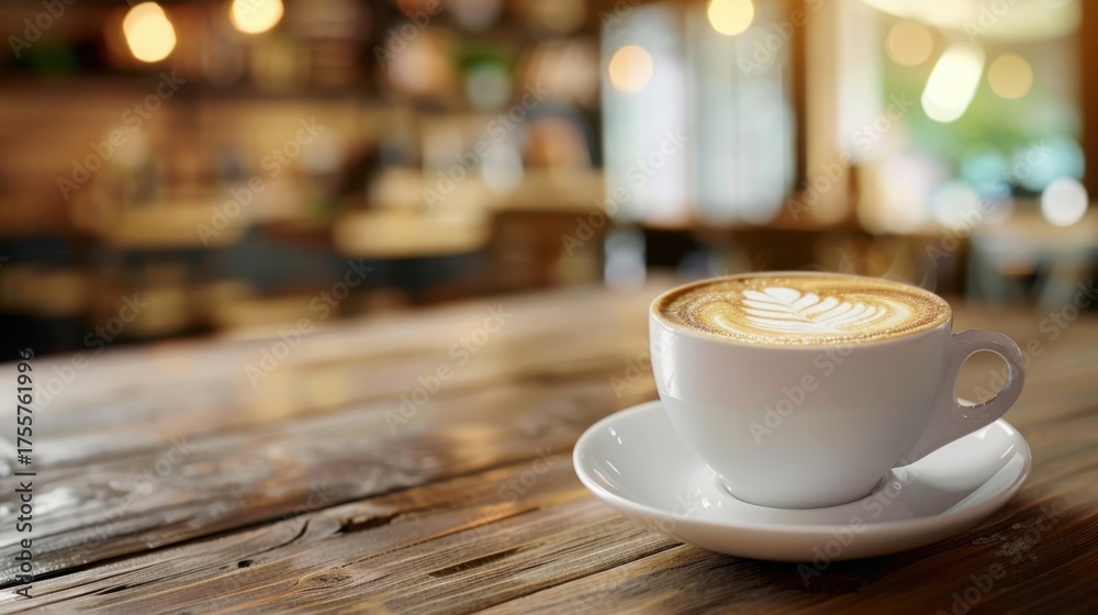 Fototapeta premium Elegant latte art in a white cup on a rustic wooden table in a cozy setting