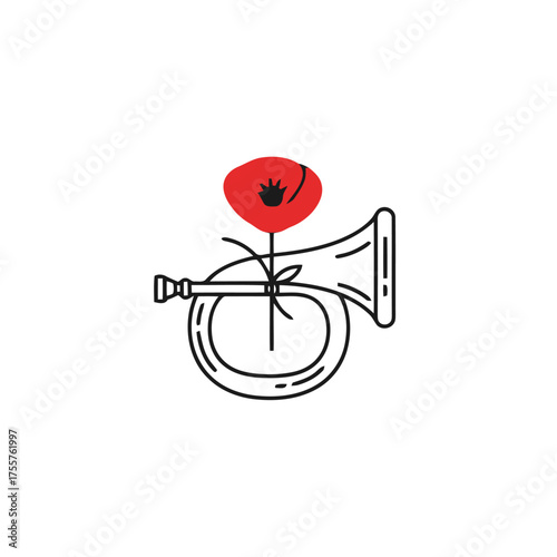 Bugle with red poppy flower, representing remembrance and solemnity