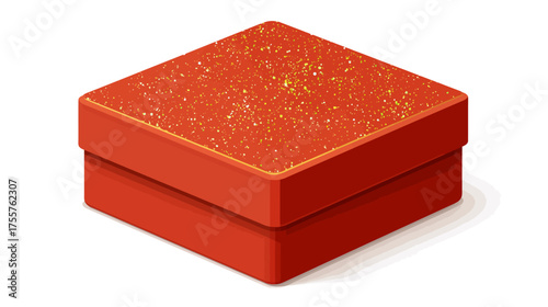 A vibrant red, square box with a sparkling, glittery lid sits on a white background