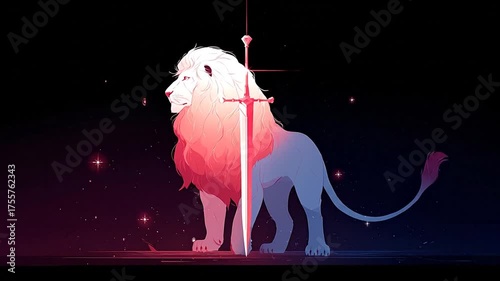Stylized lion with sword illustration symbol of strength and courage
