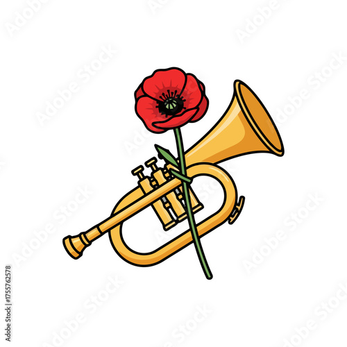 Golden trumpet with red poppy flower, symbolizing remembrance and military service