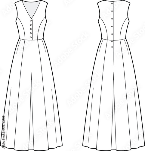 Sleeveless long dress fashion CAD, v neck technical flat sketch, vector illustration, front and back view, apparel design template, garment construction drawing