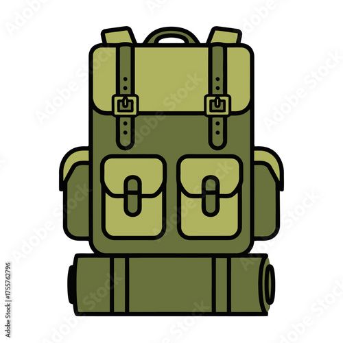 Stylized green hiking backpack with rolledup sleeping bag attached, isolated on transparent