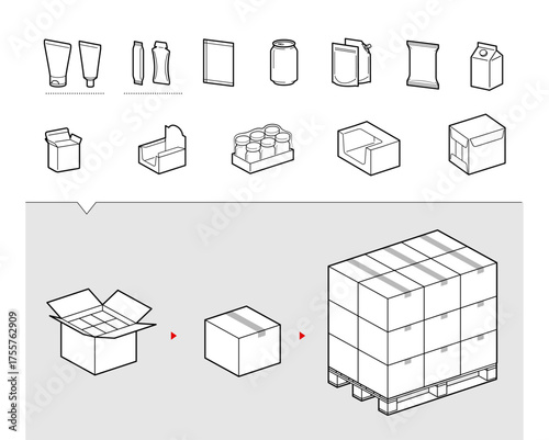 Icon sheet of Retail ready and transport packaging. The outline icons are well scalable and editable. Contrasting elements are good for icons, signs, different backgrounds and displays. EPS10.
