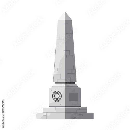 Grey stone obelisk monument with wreath emblem and inscription plaque