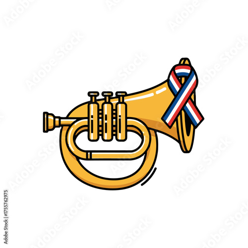 Golden trumpet with red, , and blue ribbon tied around its bell, isolated on transparent, symbolizing patriotism or national pride in musical context