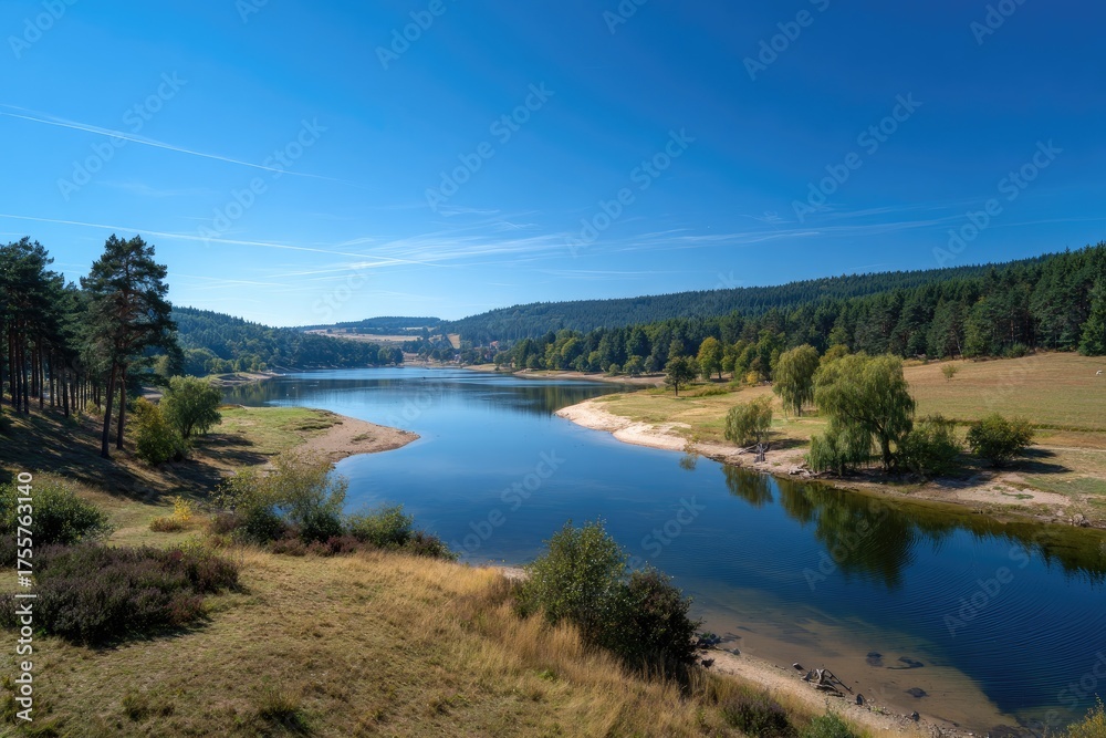 Fototapeta premium Serene lake surrounded by forest under a clear blue sky