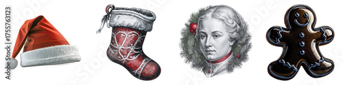 Christmas Christmas symbols collage featuring hat, stocking, portrait, gingerbread. on Transparent background.