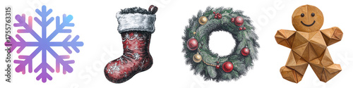 Christmas Set of Christmas icons: snowflake, stocking, wreath, gingerbread man on Transparent background.