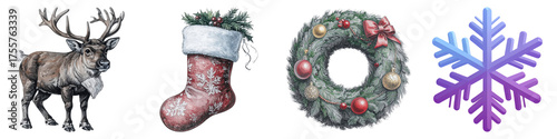 Christmas Assorted Christmas decorations including deer, stocking, wreath, and snowflake on Transparent background.