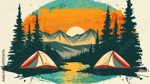Two tents by a reflective river at sunset, with mountains and pine trees