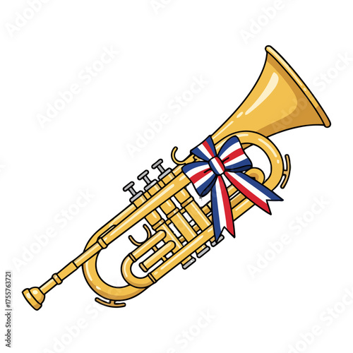 Golden trumpet with red, , and blue ribbon tied in bow