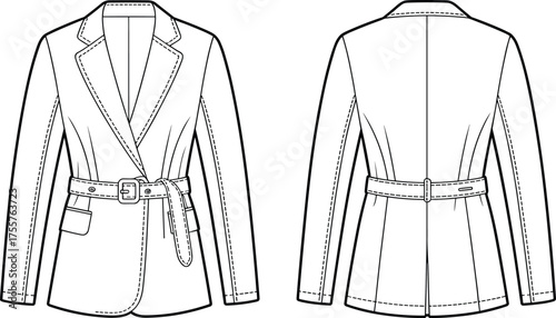 Women belted blazer fashion CAD, tailored jacket technical flat sketch, vector illustration, front and back view, apparel design template, garment construction drawing