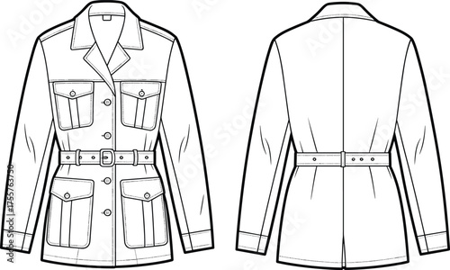 Utility jacket fashion CAD, belted outerwear technical flat sketch, vector illustration, front and back view, apparel design template, garment construction drawing