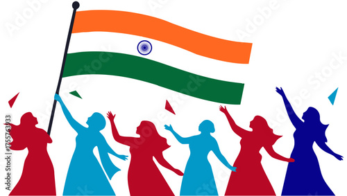 Women Celebrating with Indian National Flag and Confetti