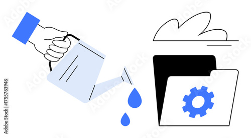Hand holds watering can pouring water into open folder with gear icon, representing nurturing ideas, project growth, and innovation. Ideal for technology, productivity, strategy, research, teamwork