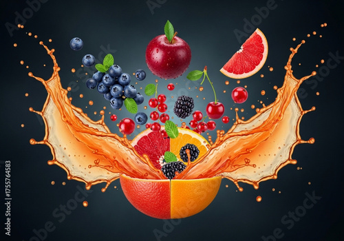 Vibrant explosion of mixed fruits with juice splash creating a stunning healthy lifestyle concept, perfect for refreshing summer drinks and wellness campaigns