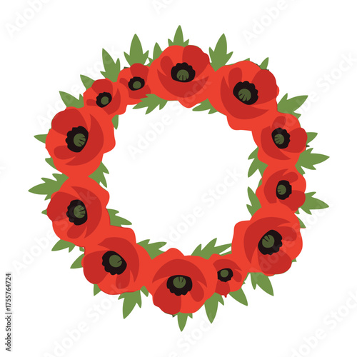 Circular wreath made red poppies and green leaves