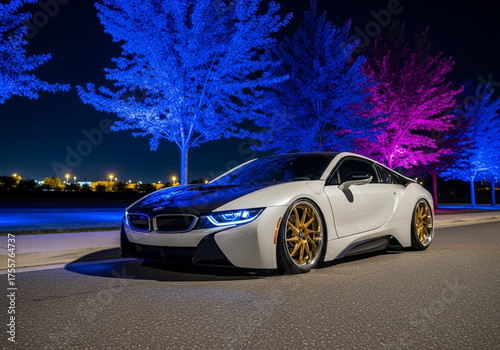 Experience dynamic luxury with a sleek modern sports car at night, golden rims gleaming under vibrant blue and purple lights for high performance ads