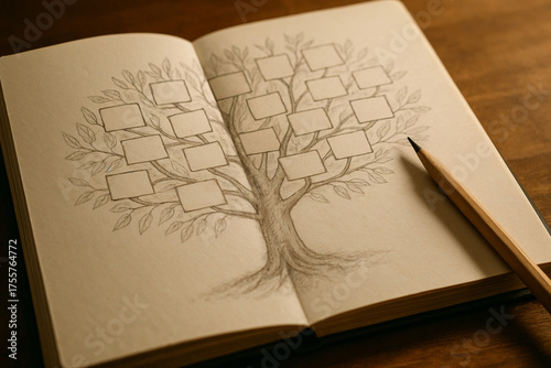 Sketch of a family tree in notebook with pencil on wooden table  