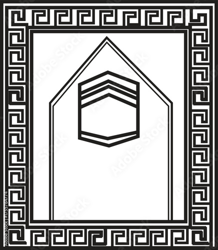 Islamic Prayer Rug Design Featuring the Holy Kaaba and a Traditional Greek Key Meander Frame