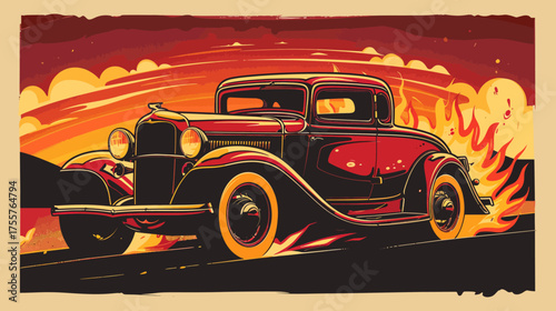 Vintage car speeds through a fiery, dramatic sunset
