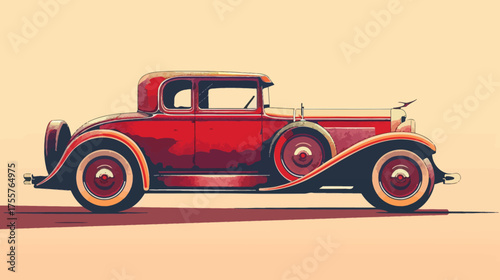 Vintage red coupe car with a spare tire on the side, against a neutral backdrop