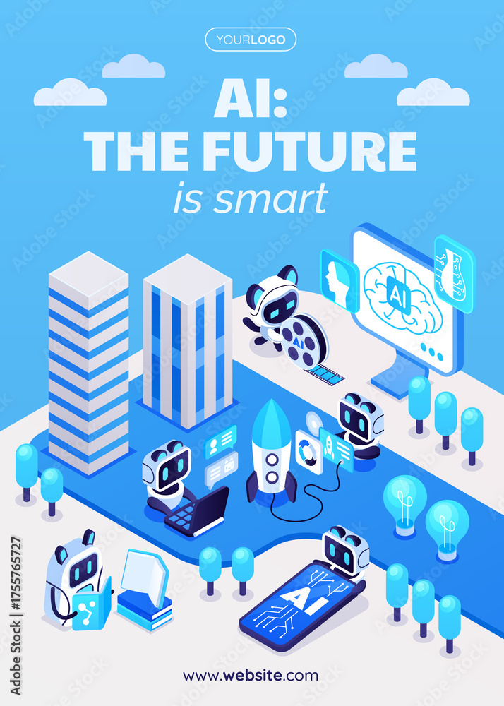 Fototapeta premium AI promotional poster with smart city robots and digital interface in isometric cartoon style