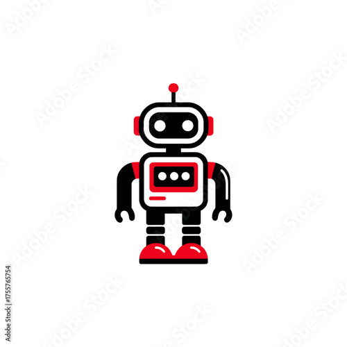 Stylized, minimalistic robot with a red antenna, white eyes, and red accents